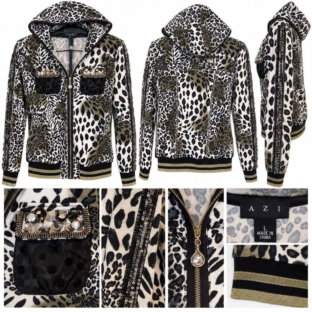AZI Leopard Rhinestone Zip Up Hoodie Size L Y2K Glam